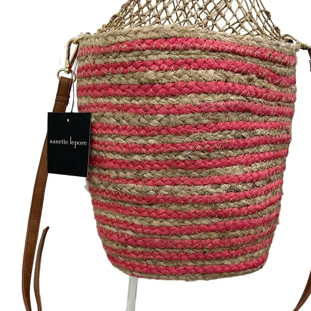 NWT Nanette Lepore Clemintine Jute Bucket Shoulder Bag Berry Coral